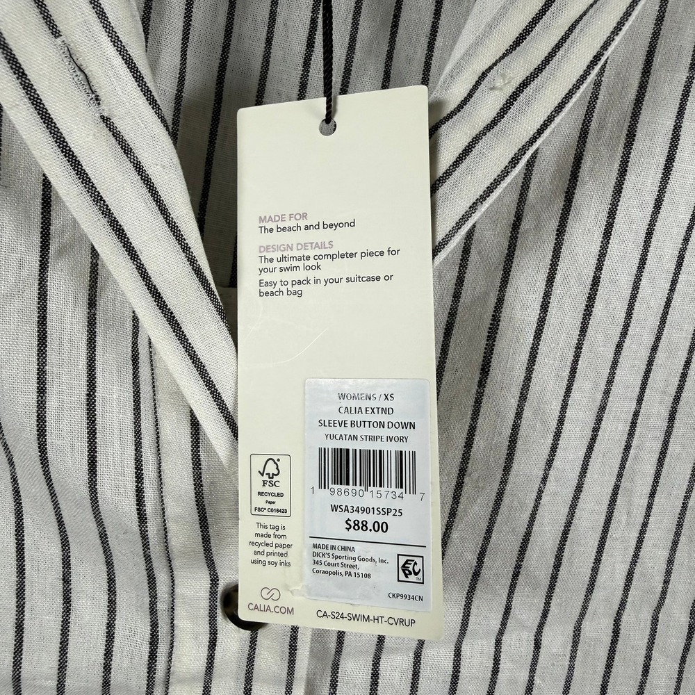 CALIA Womens XS Coverup Ivory Yucatan Stripe Button Down Linen Blend Shirt Dress - Picture 6 of 12